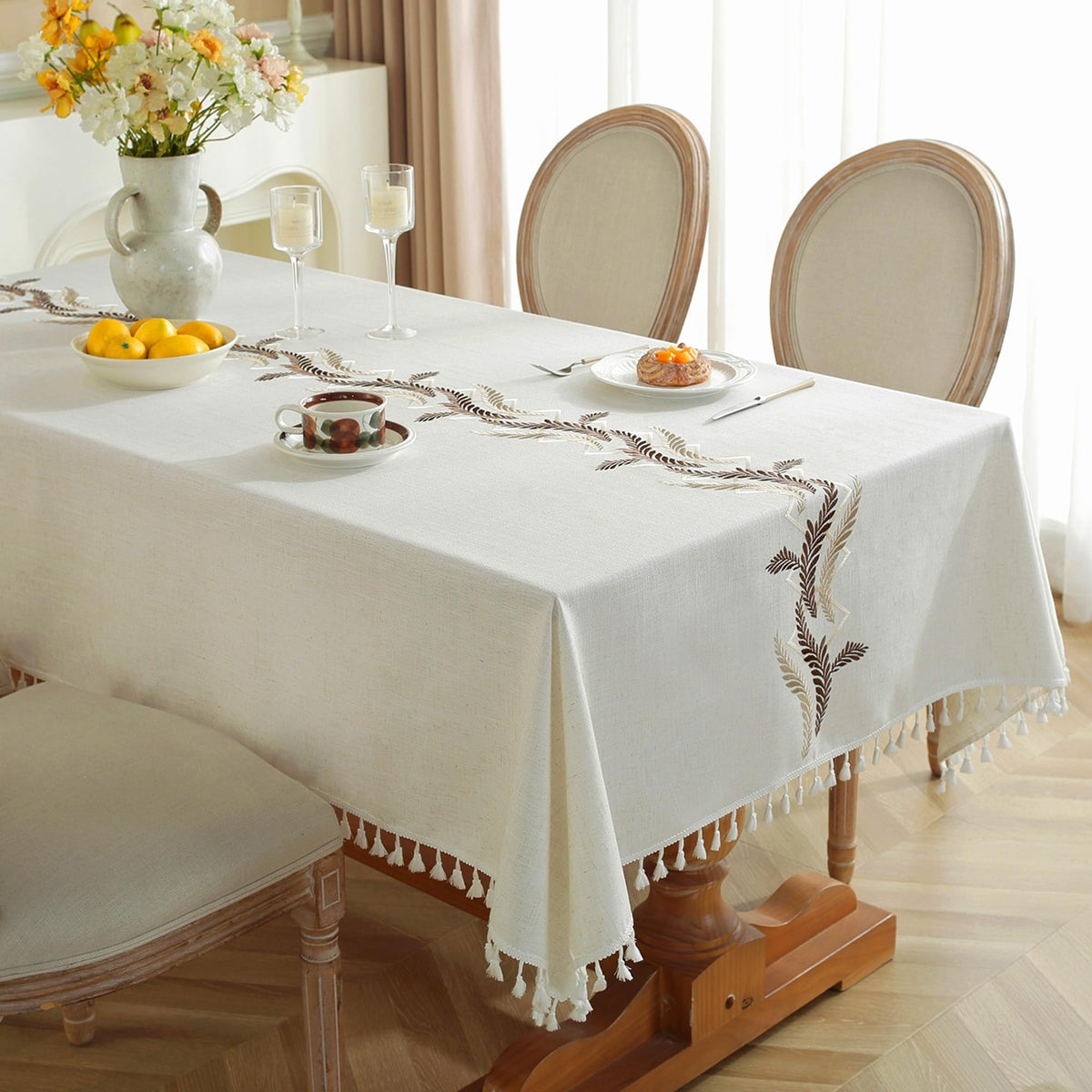 JIALE Tablecloths for Rectangle Tables, Cotton Linen Table Cloth Waterproof Tablecloth Wrinkle Free Farmhouse Dining Tables Cover, Soft Fabric Table Cloths with Tassels, Brown, 55" X 70", 4-6 Seats
