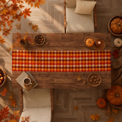 Fall Decorations for Home - Orange Brown Plaid Table Runner for Fall Decor