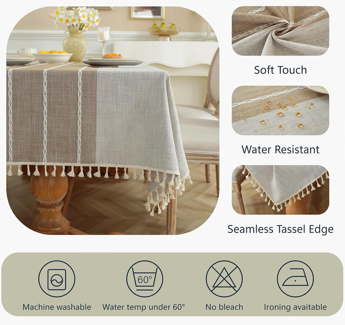 Alsoo Fall Tablecloth Rectangle Linen Style, Outdoor Waterproof Rustic Boho Farmhouse Cotton Table Cloth Wrinkle Free for Picnic Camping Party Kitchen Dining (Coffee Lines, 4-6 Seats, 55x75 Inches)