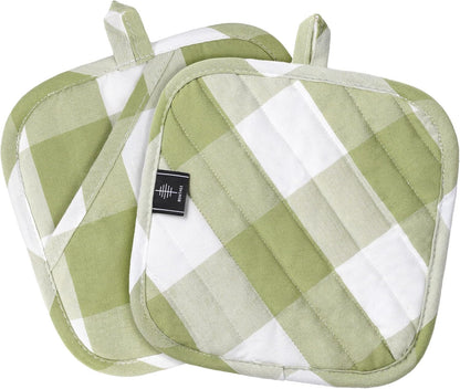Cotton Pot Holders for Kitchen Heat Resistant Potholder Hot Pads Trivet Coaster Non-Slip Potholders Set for Cooking and Baking (2, Green Plaid, Square，8.27 in²)