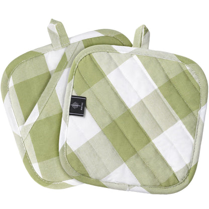 Cotton Pot Holders for Kitchen Heat Resistant Potholder Hot Pads Trivet Coaster Non-Slip Potholders Set for Cooking and Baking (2, Green Plaid, Square，8.27 in²)