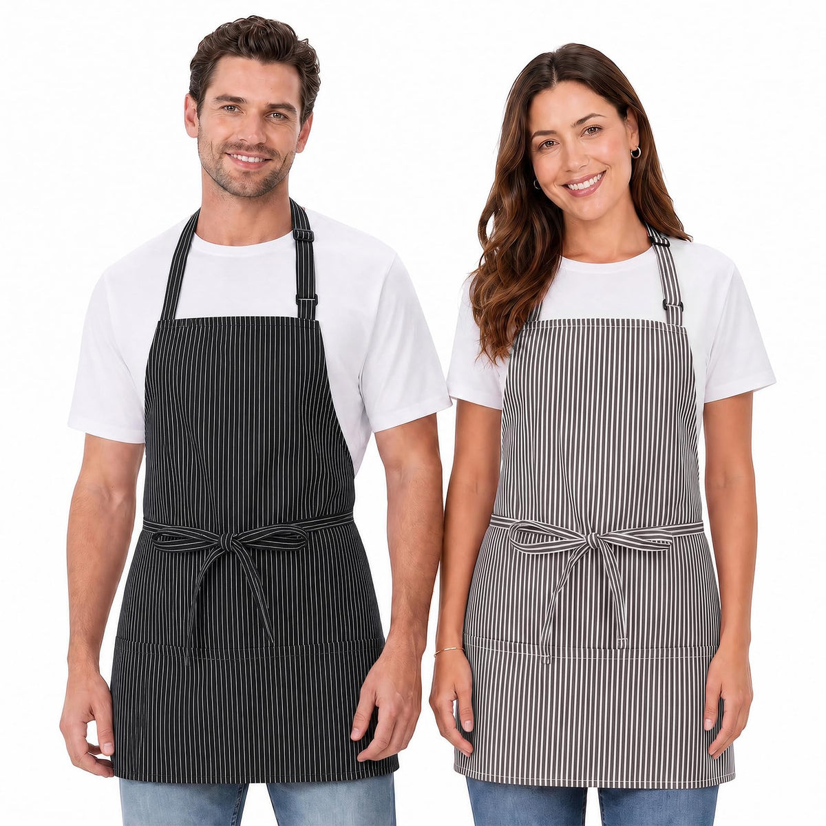 2 Pack Unisex Chef Apron Stripes Kitchen Aprons with 3 Pockets