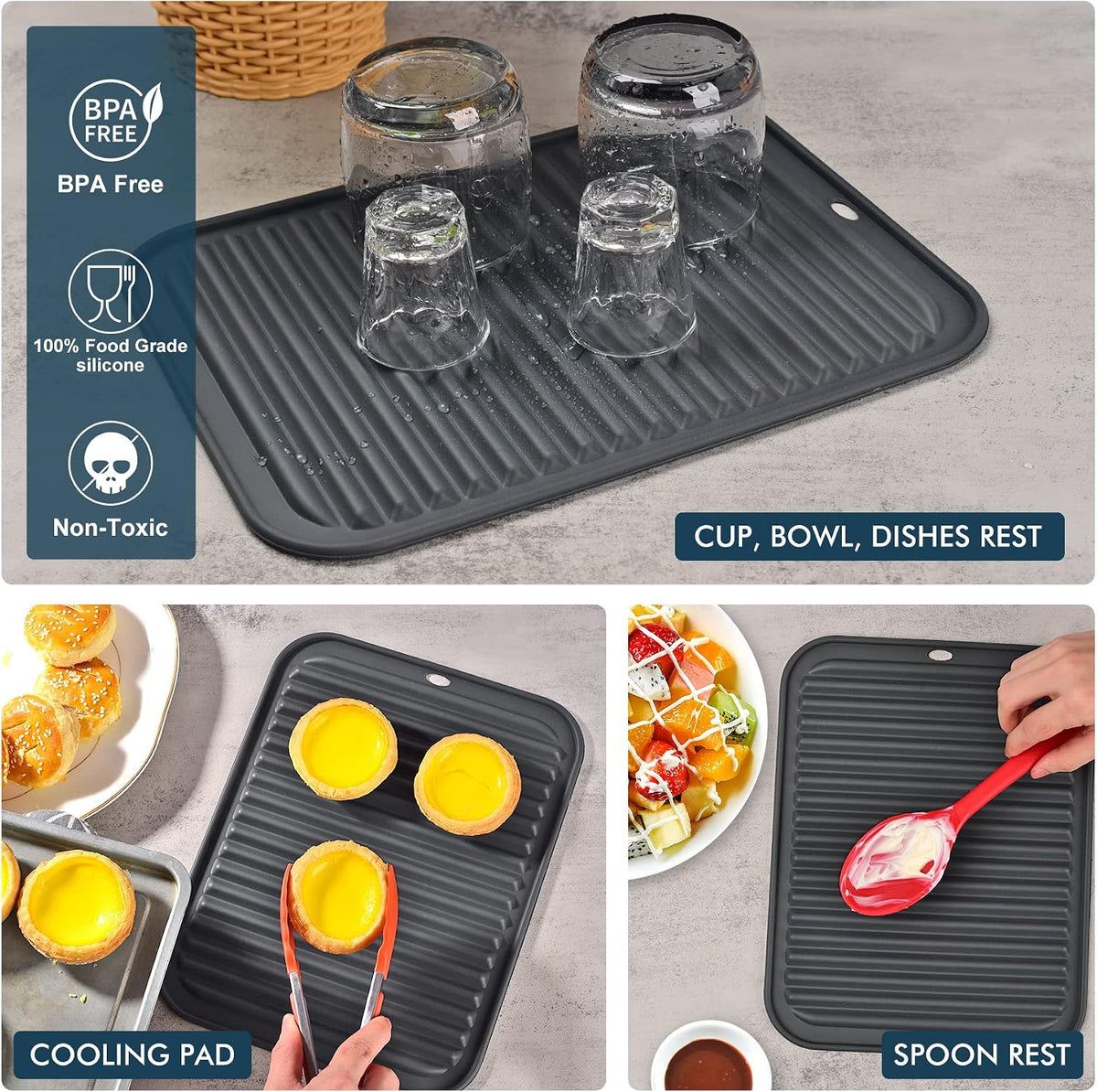 HOTEC 2-Pack Silicone Trivets, Dark Grey