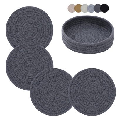 Coga Trivets for Hot Dishes, 4 Pack 7 Inch Cotton Hot Pads for Kitchen with Storage Basket, Round Pot Holders for Kitchen, Heat Resistant Mats for Countertop, Pots and Pans, Farmhouse Decor, Brown