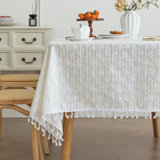 Rectangular Cotton Oil Proof Table Cloth Rectangle Tablecloth Fabric Waterproof for Kitchen Dining Farmhouse Outdoor Printed Daisy Floral 55x70inch,4-6 Seats,White