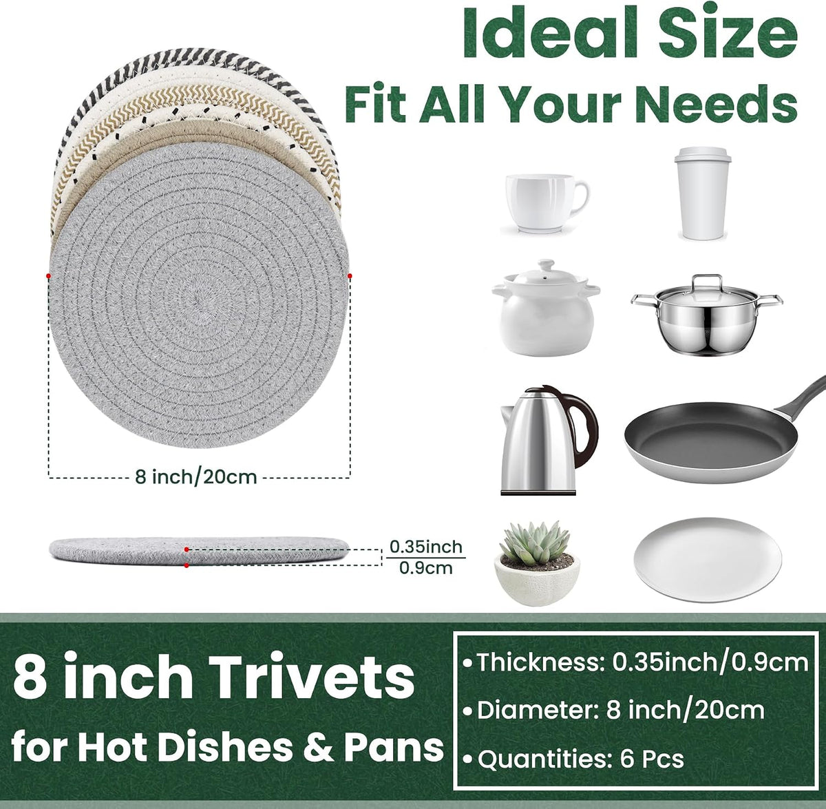 8 Inch Trivets for Hot Dishes, Hot Pots and Pans, 6 Pcs
