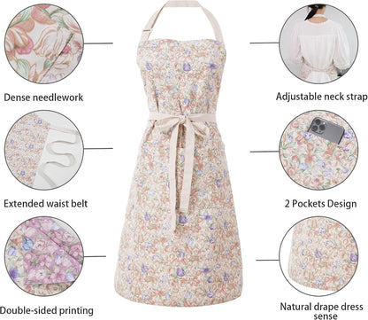 Aoomzoon Kitchen Aprons for Women with 2 Pockets,Double Sided Vintage Adjustable Apron for Gardening Cooking Arting Painting