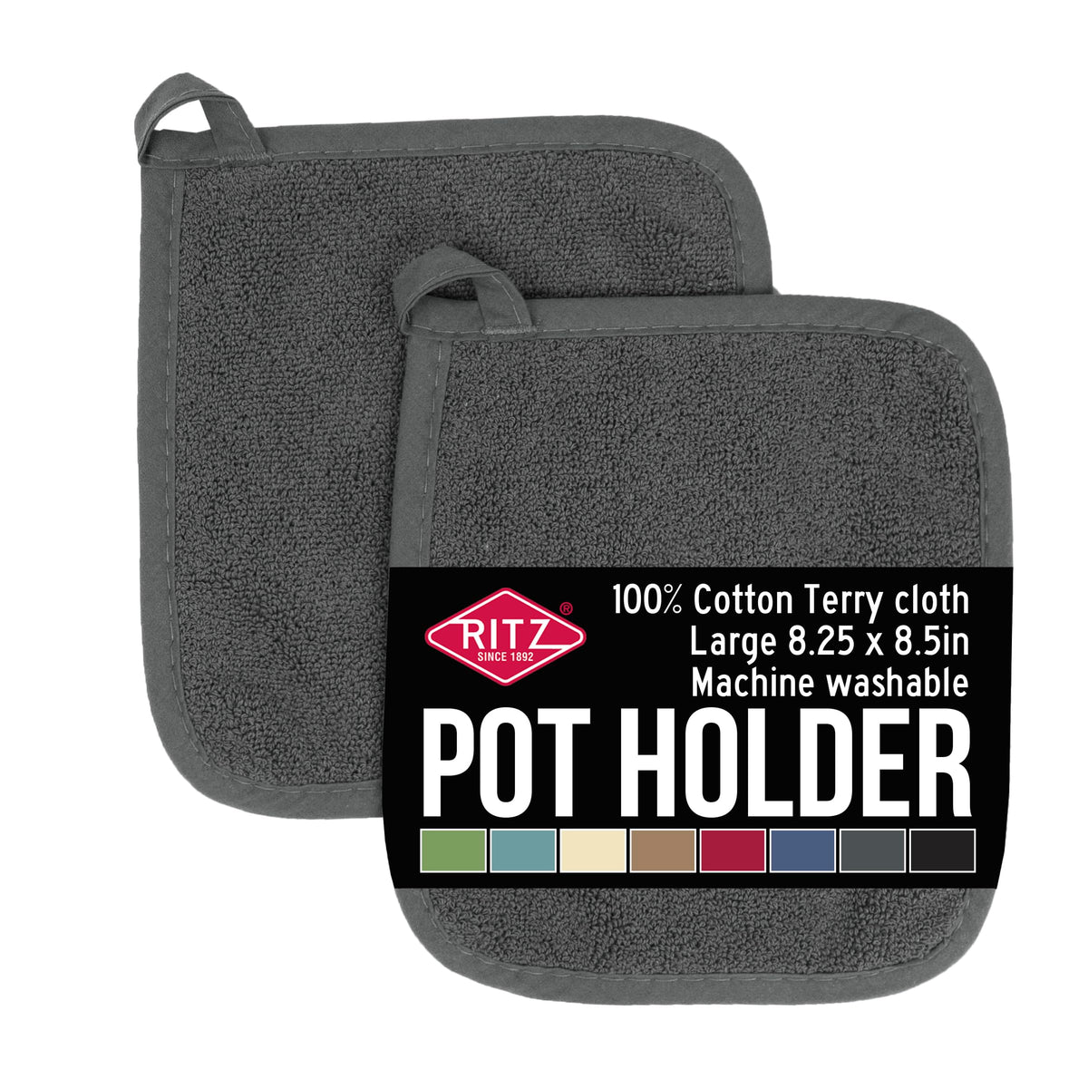 RITZ Terry Potholder & Hot Pad: Unparalleled Heat Resistant, Durable 100% Cotton – Ergonomically Designed for Optimal Grip – Easy-Care Machine Washable – 2-Pack, Graphite