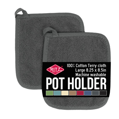 RITZ Terry Potholder & Hot Pad: Unparalleled Heat Resistant, Durable 100% Cotton – Ergonomically Designed for Optimal Grip – Easy-Care Machine Washable – 2-Pack, Graphite