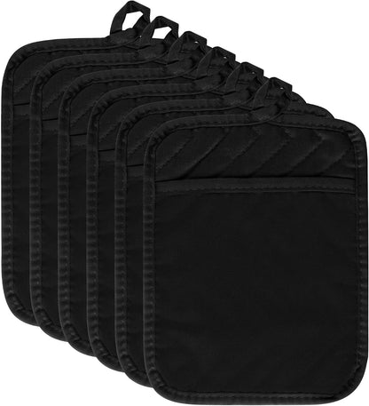 R HORSE 6Pcs Black Pot Holders with Pocket for Kitchen, 7''x 9''