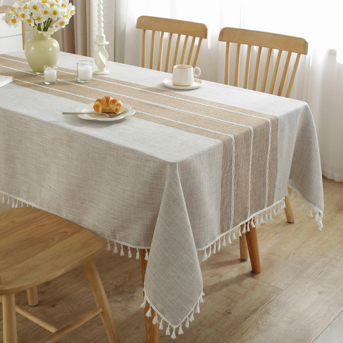 JIALE Tablecloths for Rectangle Tables, Cotton Linen Table Cloth Waterproof Tablecloth Wrinkle Free Farmhouse Dining Tables Cover, Soft Fabric Table Cloths with Tassels, Brown, 55" X 70", 4-6 Seats