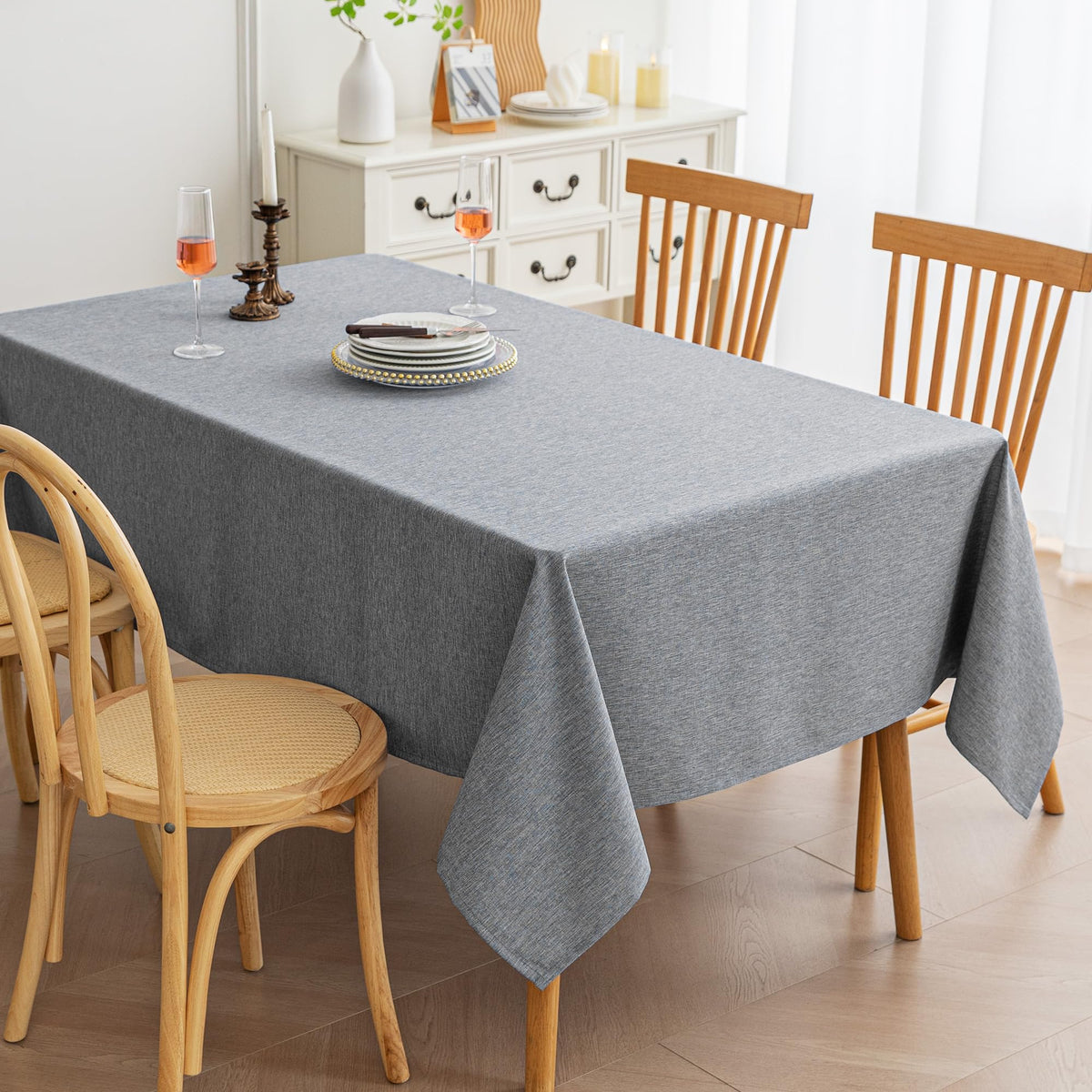 Amazon Basics Rectangle Tablecloths Water-Repellent, Faux Linen Textured Table Cloth Wrinkle Resistant Washable, Decorative Fabric Table Cover for Dining, 60" x 84", Beige, Pack of 2