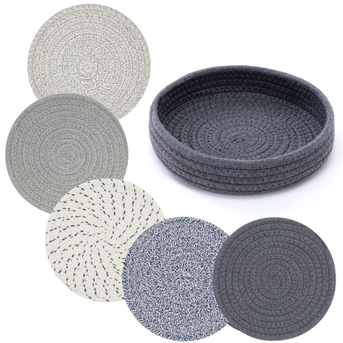 Coga Trivets for Hot Dishes, 4 Pack 7 Inch Cotton Hot Pads for Kitchen with Storage Basket, Round Pot Holders for Kitchen, Heat Resistant Mats for Countertop, Pots and Pans, Farmhouse Decor, Brown