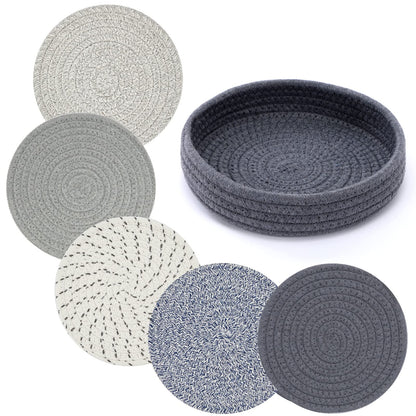 Coga Trivets for Hot Dishes, 4 Pack 7 Inch Cotton Hot Pads for Kitchen with Storage Basket, Round Pot Holders for Kitchen, Heat Resistant Mats for Countertop, Pots and Pans, Farmhouse Decor, Brown