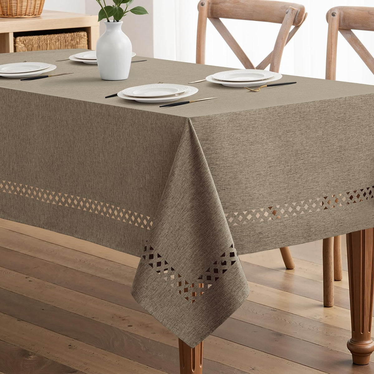 MIULEE Beige Rectangle Tablecloth with Decorative Cutouts 60x84 Inch