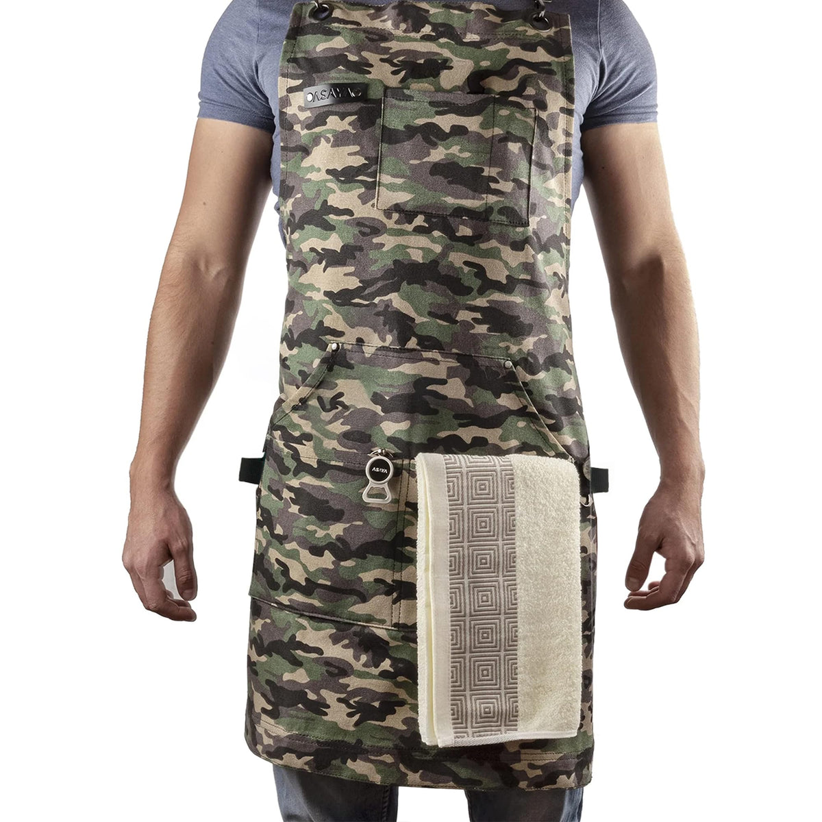 Asaya Chef and BBQ Apron with Bottle Opener and Hand Towel - 10oz Cotton Canvas, Stainless Steel Hardware - Cross Back Straps
