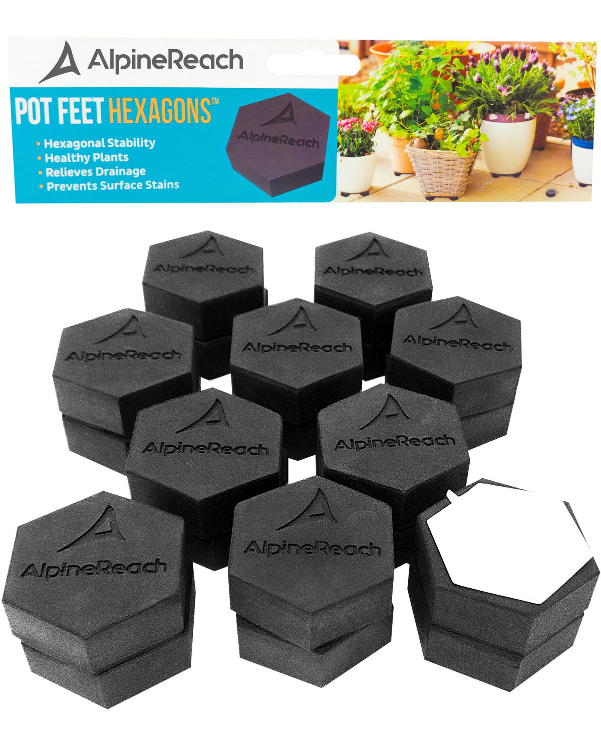AlpineReach Extra Heavy Duty Pot Feet Risers 20 Pack Hexagons & Adhesive Pads - Protect Healthy Plants - Strong Invisible Supports Small Large Flower Planters Stability - Outdoor Lifter Toes Elevator