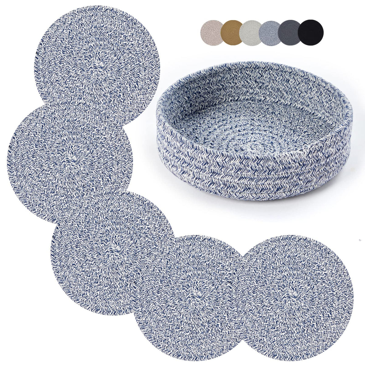 Coga Trivets for Hot Dishes, 4 Pack 7 Inch Cotton Hot Pads for Kitchen with Storage Basket, Round Pot Holders for Kitchen, Heat Resistant Mats for Countertop, Pots and Pans, Farmhouse Decor, Brown