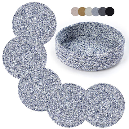Coga Trivets for Hot Dishes, 4 Pack 7 Inch Cotton Hot Pads for Kitchen with Storage Basket, Round Pot Holders for Kitchen, Heat Resistant Mats for Countertop, Pots and Pans, Farmhouse Decor, Brown