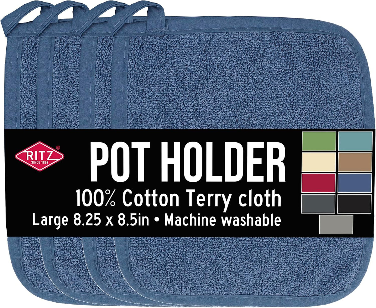 RITZ Terry Potholder & Hot Pad: Unparalleled Heat Resistant, Durable 100% Cotton – Ergonomically Designed for Optimal Grip – Easy-Care Machine Washable – 4-Pack, Federal Blue