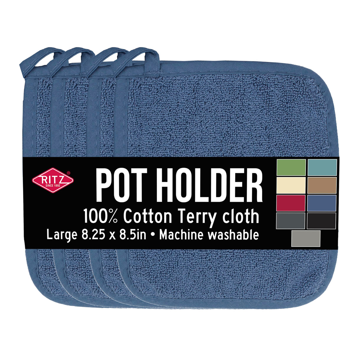 RITZ Terry Potholder & Hot Pad: Unparalleled Heat Resistant, Durable 100% Cotton – Ergonomically Designed for Optimal Grip – Easy-Care Machine Washable – 4-Pack, Federal Blue