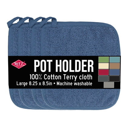 RITZ Terry Potholder & Hot Pad: Unparalleled Heat Resistant, Durable 100% Cotton – Ergonomically Designed for Optimal Grip – Easy-Care Machine Washable – 4-Pack, Federal Blue