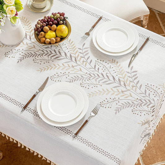 Alsoo Rectangle Tablecloth 55" x 106", Farmhouse Linen Style Table Cloth with Brown Fern Embroidery & Tassels, Heavy Weight Wrinkle & Spill Resistant Table Cover for Dining Kitchen