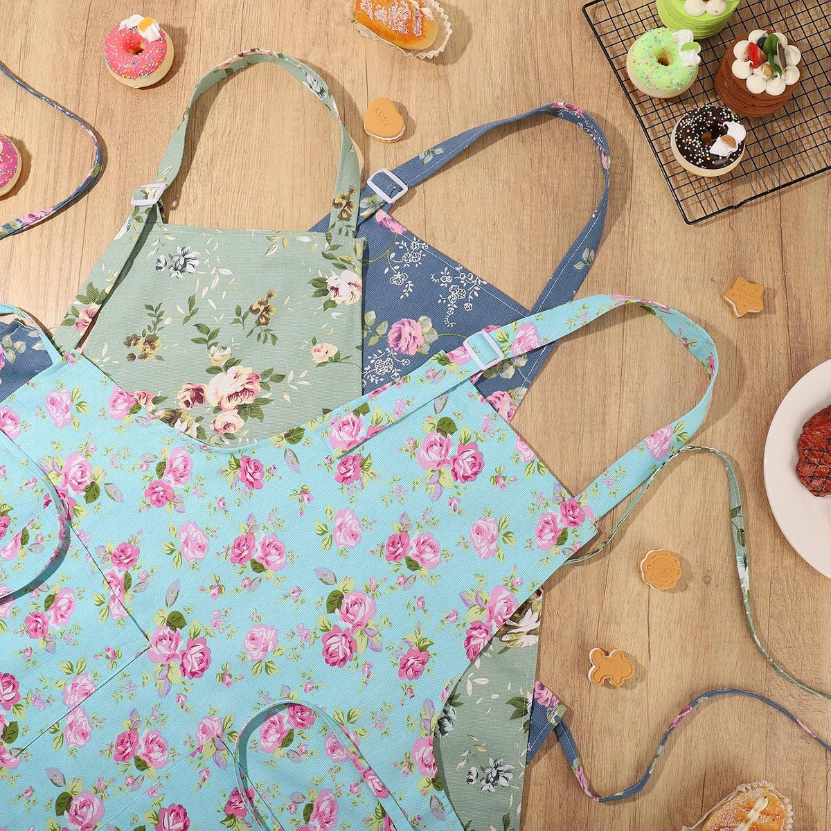 Auidy_6TXD 3 Pack Floral Aprons for Women, Kitchen Aprons with 2 Pockets