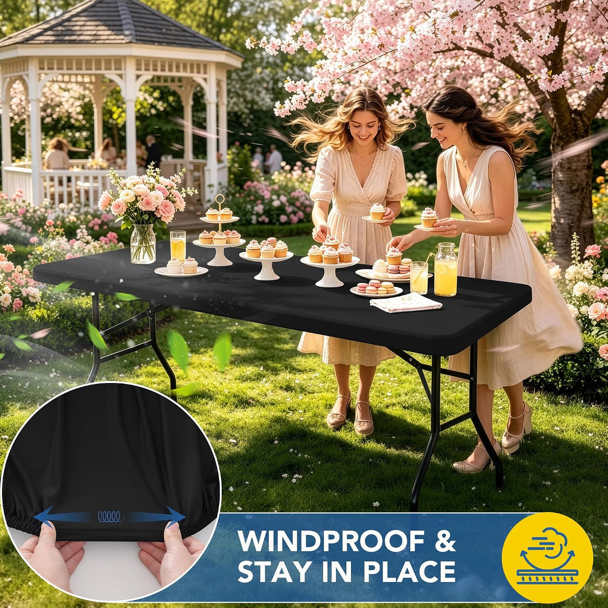 Fitted Tablecloth for 6 Foot Rectangle Tables-Black Picnic Table Covers