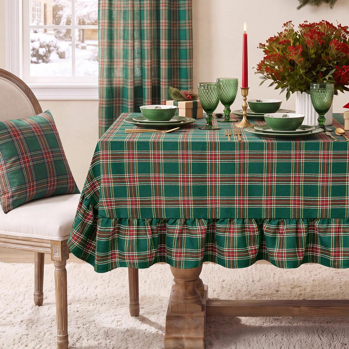 Softalker Gingham Rectangle Tablecloth with Tassel, Sage Green, 55" x 84"