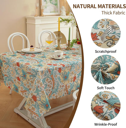 Rectangle Waterproof Tablecloth Linen Textured Table Cloth,Stain and Wrinkle Resistant Washable Fabric Table Cover for Dining, Party, Camping and Outdoor, 52 x 70 Inch, Vine Bloom