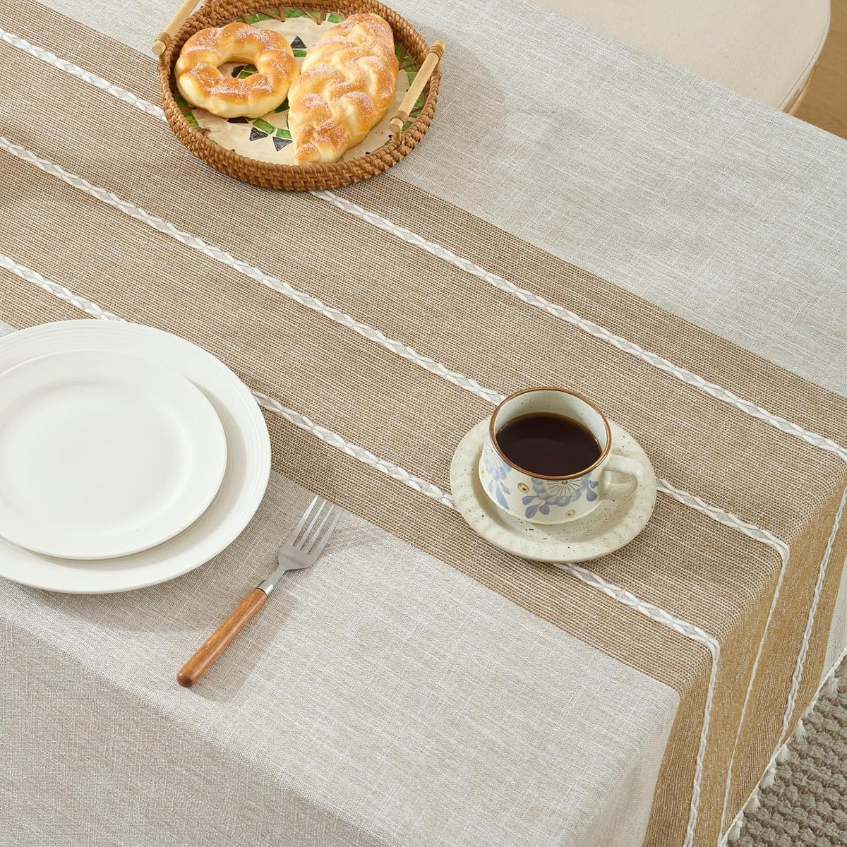 Alsoo Fall Tablecloth Rectangle Linen Style, Outdoor Waterproof Rustic Boho Farmhouse Cotton Table Cloth Wrinkle Free for Picnic Camping Party Kitchen Dining (Coffee Lines, 4-6 Seats, 55x75 Inches)