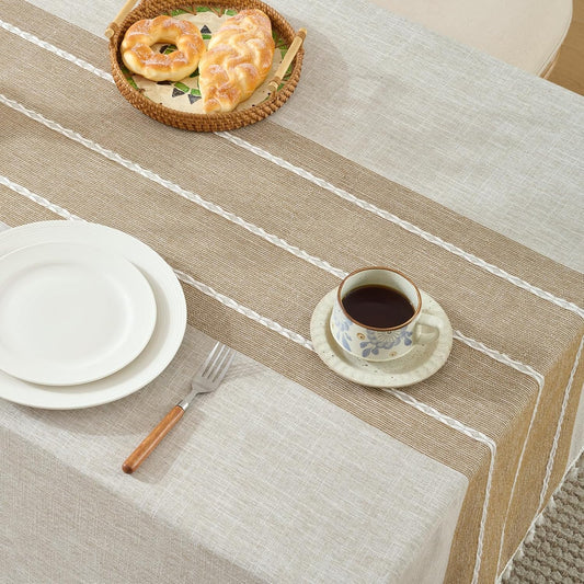 Alsoo Fall Tablecloth Rectangle Linen Style, Outdoor Waterproof Rustic Boho Farmhouse Cotton Table Cloth Wrinkle Free for Picnic Camping Party Kitchen Dining (Coffee Lines, 4-6 Seats, 55x75 Inches)