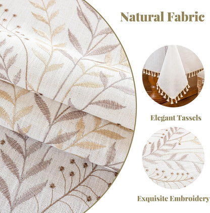 Alsoo Rectangle Tablecloth 55" x 106", Farmhouse Linen Style Table Cloth with Brown Fern Embroidery & Tassels, Heavy Weight Wrinkle & Spill Resistant Table Cover for Dining Kitchen