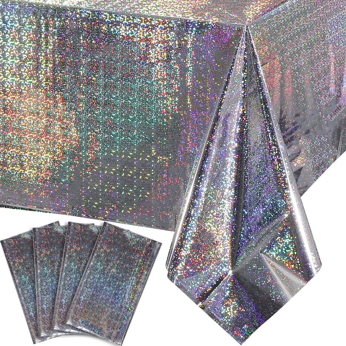 FunnyPars 4 Pack Iridescent Plastic Tablecloths, Disposable Table Covers