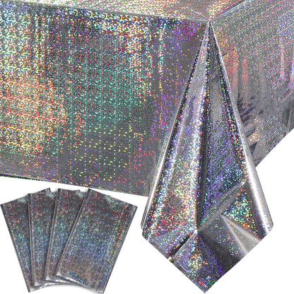 FunnyPars 4 Pack Iridescent Plastic Tablecloths, Disposable Table Covers