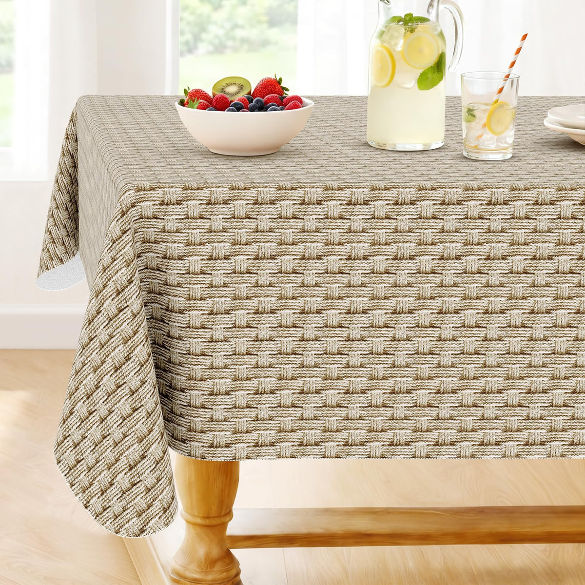 Smiry Rectangle Table Cloth, Waterproof Vinyl Tablecloths with Flannel Backing, Wipeable Spillproof Plastic Table Cover for Dining, Indoor and Outdoor (Champagne, 60 "x 84")