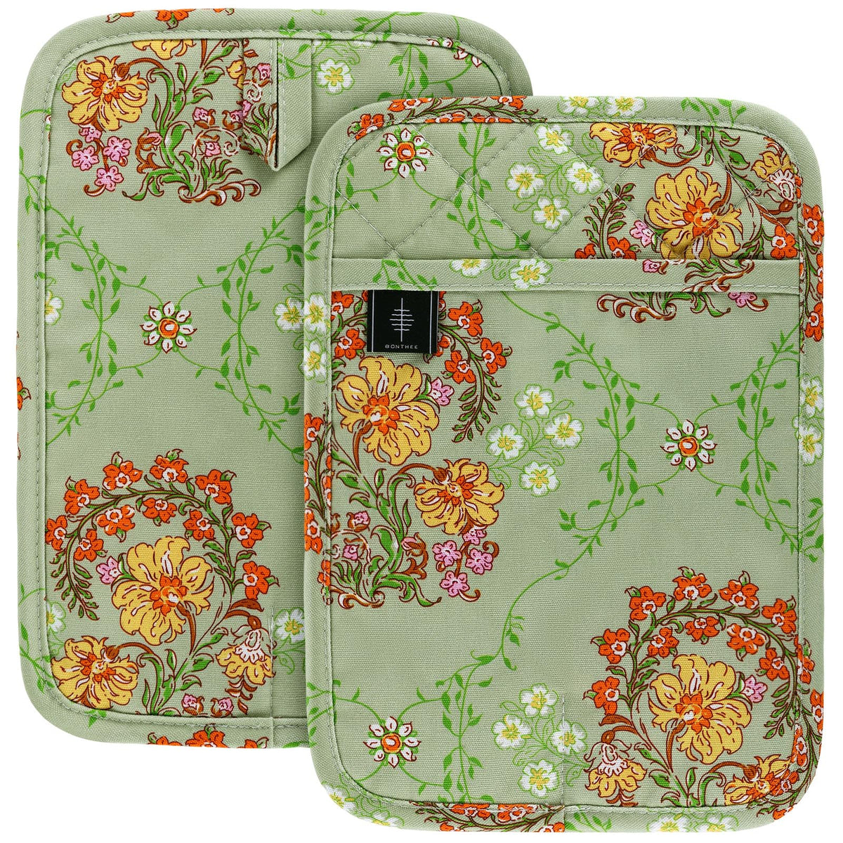 Cotton Pot Holders for Kitchen Heat Resistant Potholder Hot Pads Trivet Coaster Non-Slip Potholders Set for Cooking and Baking (2, Green Plaid, Square，8.27 in²)