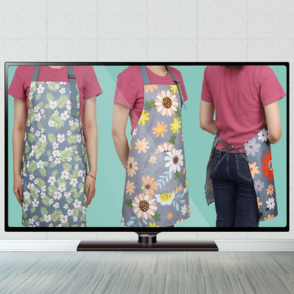BOUMUSOE 3 Pack Floral Aprons with Pocket, Blooming Womens Aprons Waterproof Adjustable Cooking Apron for Kitchen Gardening