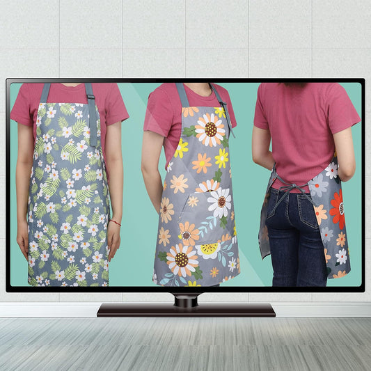 BOUMUSOE 3 Pack Floral Aprons with Pocket, Blooming Womens Aprons Waterproof Adjustable Cooking Apron for Kitchen Gardening