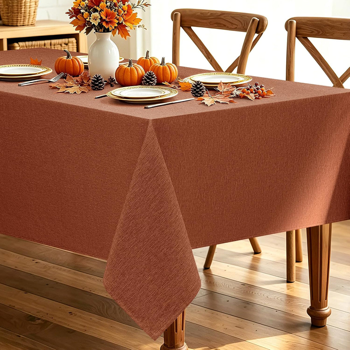 Decorelia Linen Textured Fall Tablecloth Rectangular Burnt Orange, 52"x70"