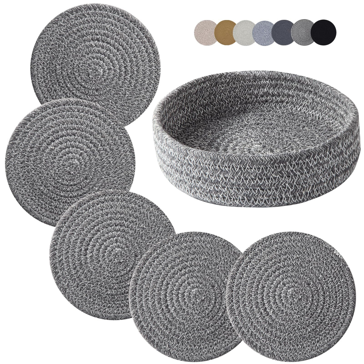 Coga Trivets for Hot Dishes, 4 Pack 7 Inch Cotton Hot Pads for Kitchen with Storage Basket, Round Pot Holders for Kitchen, Heat Resistant Mats for Countertop, Pots and Pans, Farmhouse Decor, Brown