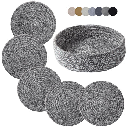 Coga Trivets for Hot Dishes, 4 Pack 7 Inch Cotton Hot Pads for Kitchen with Storage Basket, Round Pot Holders for Kitchen, Heat Resistant Mats for Countertop, Pots and Pans, Farmhouse Decor, Brown