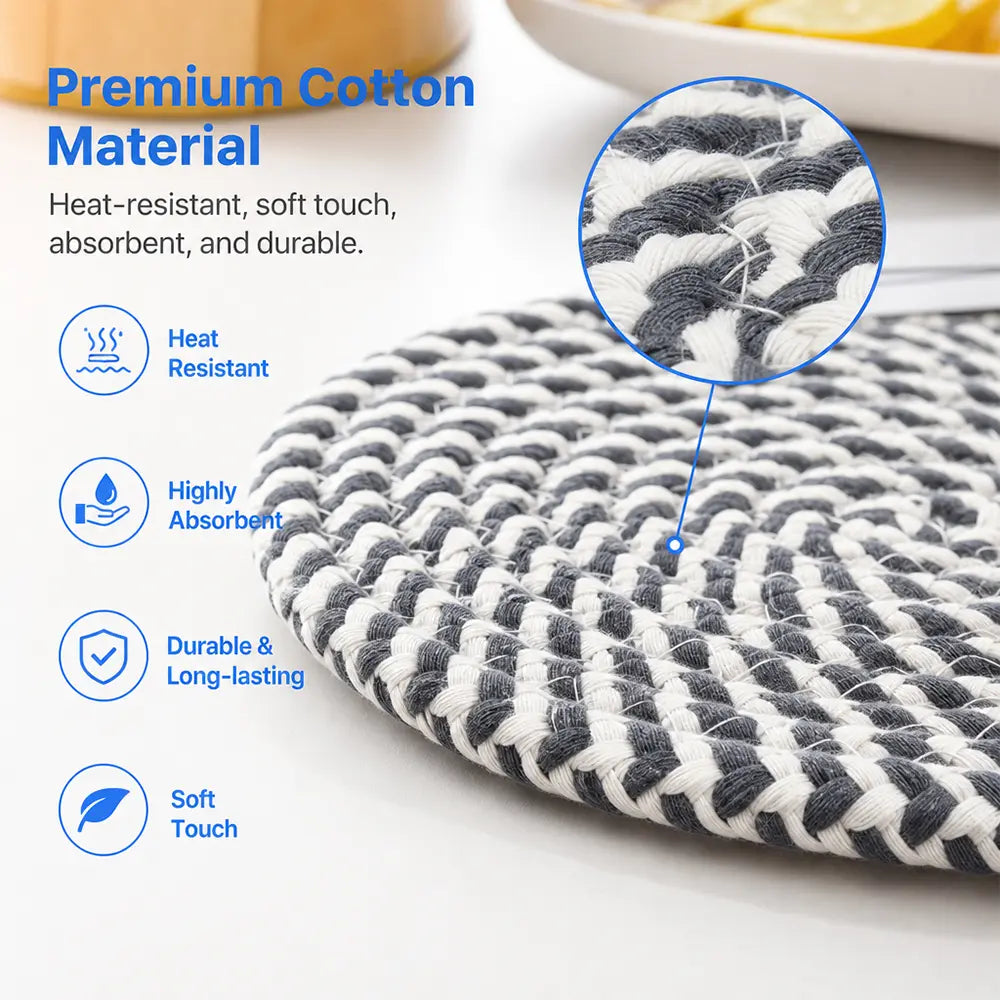 6pcs Thick Cloth Trivet Mats - 8 in Round Shape Heat Resistant Kitchen Surface Protectors for Hot Pots, Pans - Essential Kitchen Tableware