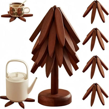 Tree-Shaped Wooden Heat Insulating Pad Set, 4 Walnut Pads + 1 Stand, Foldable Design, High-Temperature Kitchen Mat, Ideal for Hot Dishes, Pots, Bowls, Teapots, Wooden Trivet Set