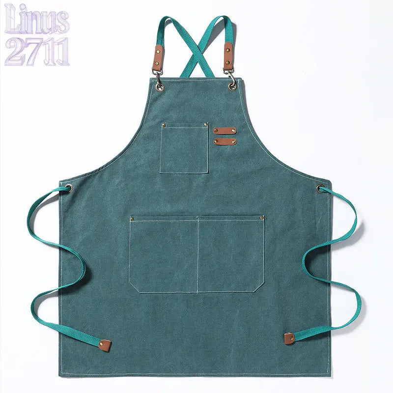 Cotton Canvas Cross Back Work Apron Leather Adjustable Strap Multi Pocket Oil Resistant Kitchen Coffee Shop Gardening Artist Unisex Custom Logo Blank Apron