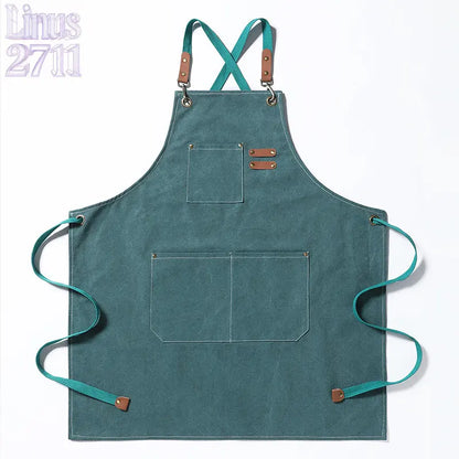 Cotton Canvas Cross Back Work Apron Leather Adjustable Strap Multi Pocket Oil Resistant Kitchen Coffee Shop Gardening Artist Unisex Custom Logo Blank Apron