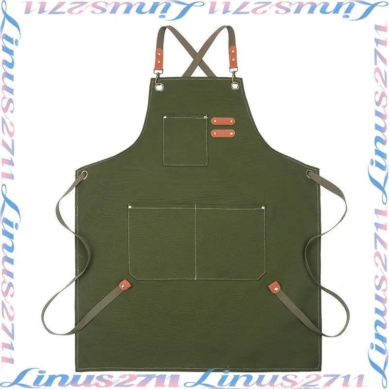 Cotton Canvas Cross Back Work Apron Leather Adjustable Strap Multi Pocket Oil Resistant Kitchen Coffee Shop Gardening Artist Unisex Custom Logo Blank Apron