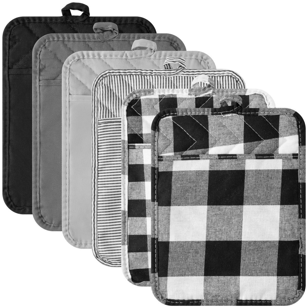 R HORSE 6Pcs Black Pot Holders with Pocket for Kitchen, 7''x 9''