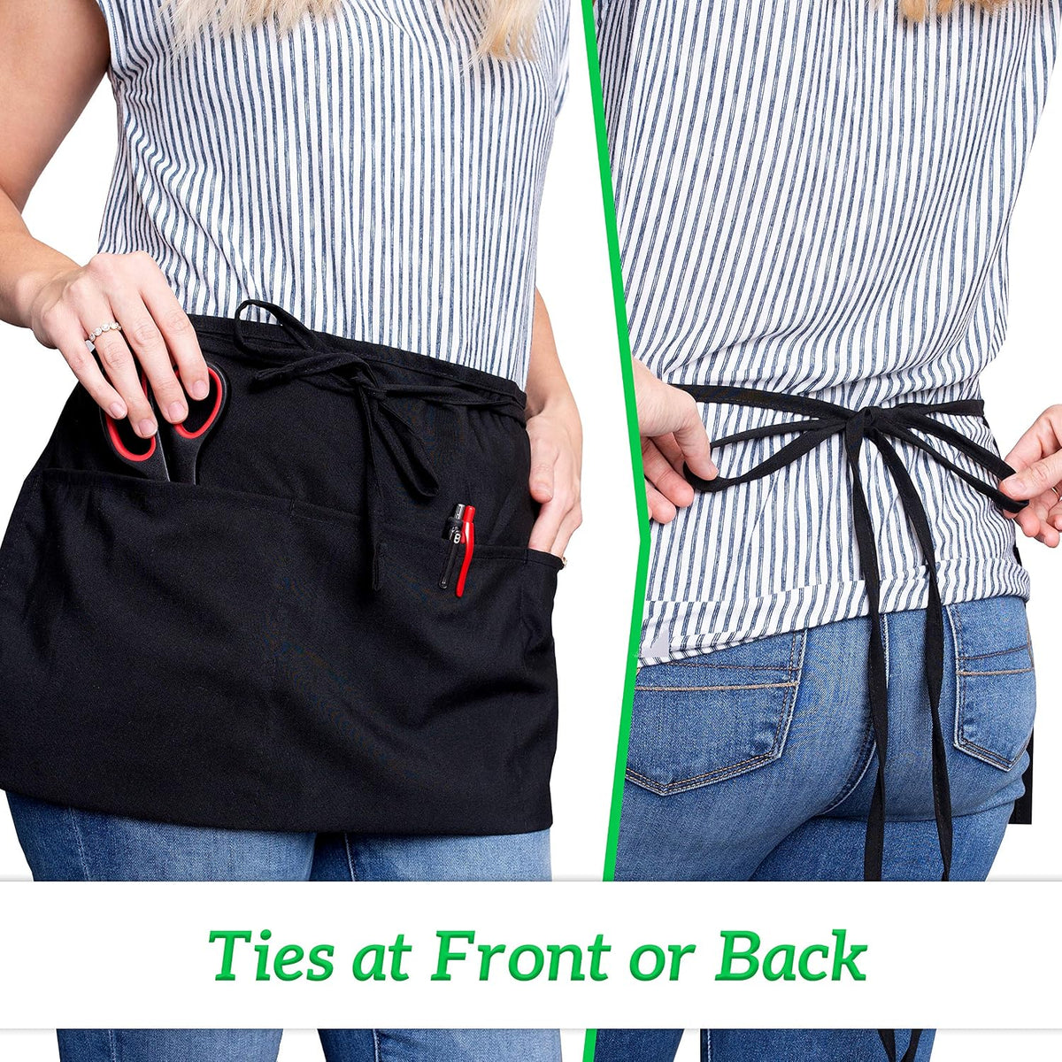 GREEN LIFESTYLE Server Aprons with 3 Pockets - Waist Apron, Waitress Apron for Women and Man, Water Resistant with Long Waist Strap Reinforced Seams, Half Apron (12 Pack - Black)